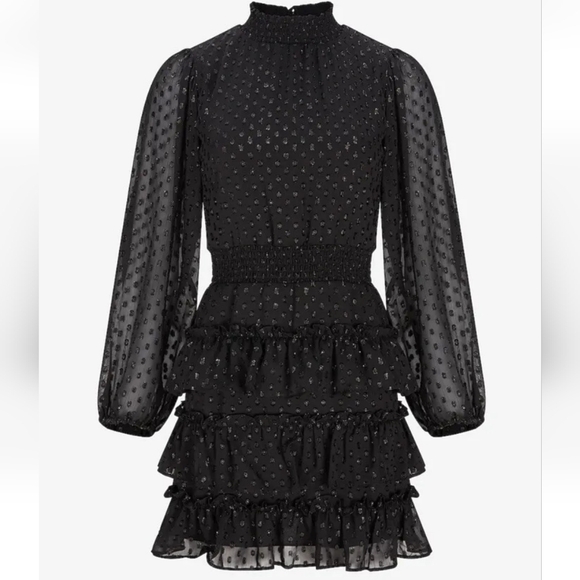 EXPRESS Metallic Dot Smocked Mock Neck Tiered Ruffle Dress Black Sz XXSmall NWT - Picture 4 of 10